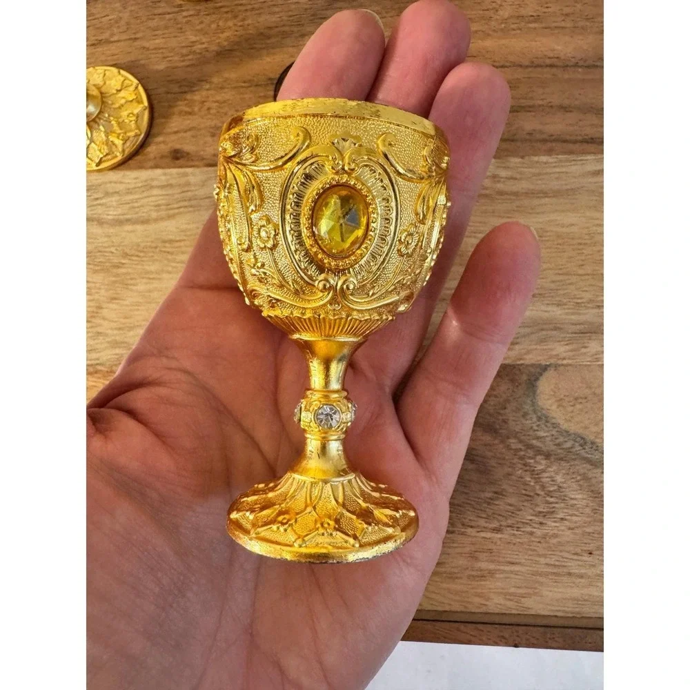 Vintage Ornate Mini Chalice Set 4 Small Gold Red Baroque Filigree Rhinestone 3in
